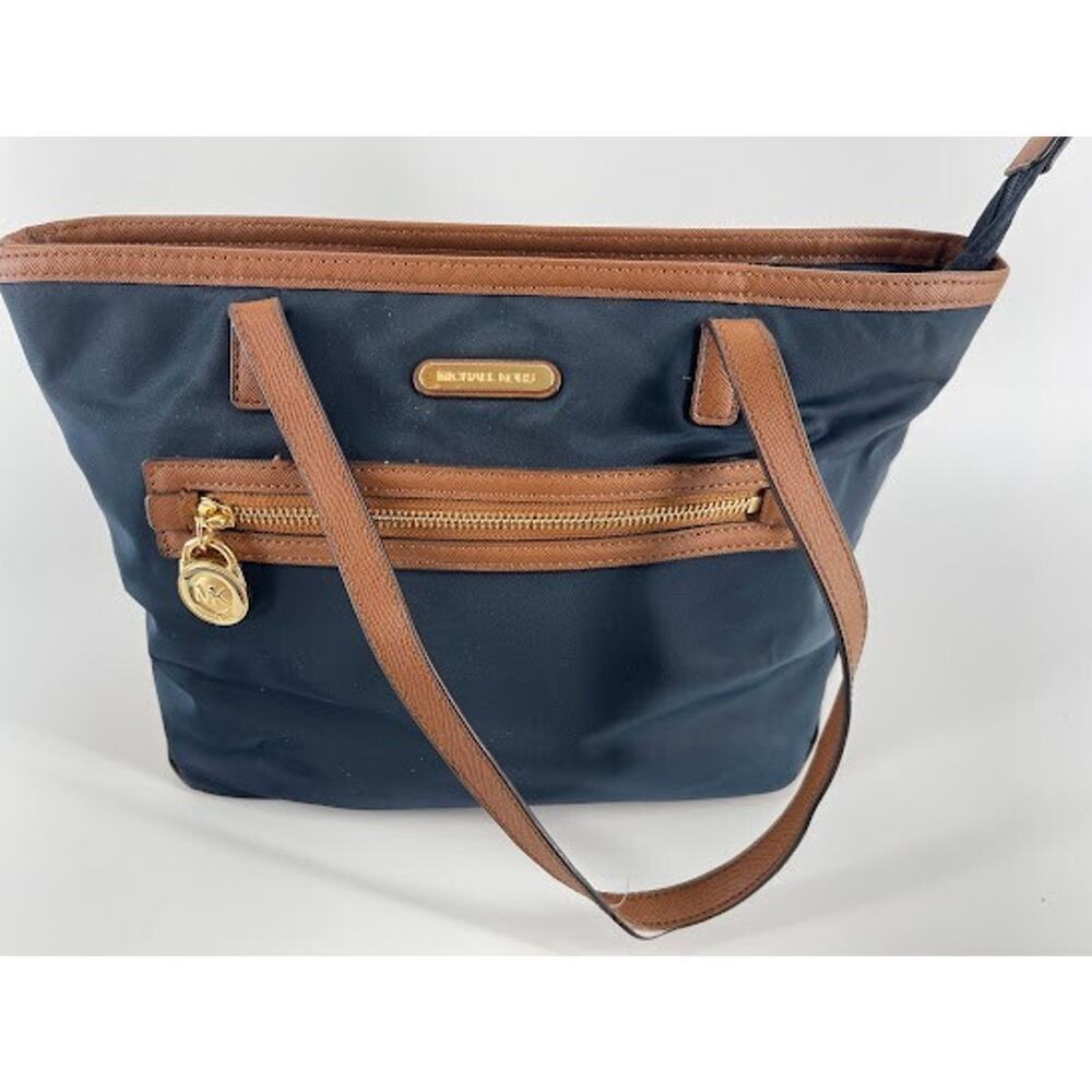 MICHAEL KORS Kempton Nylon Tote PURSE Bag Navy w/ Brown Trim Med